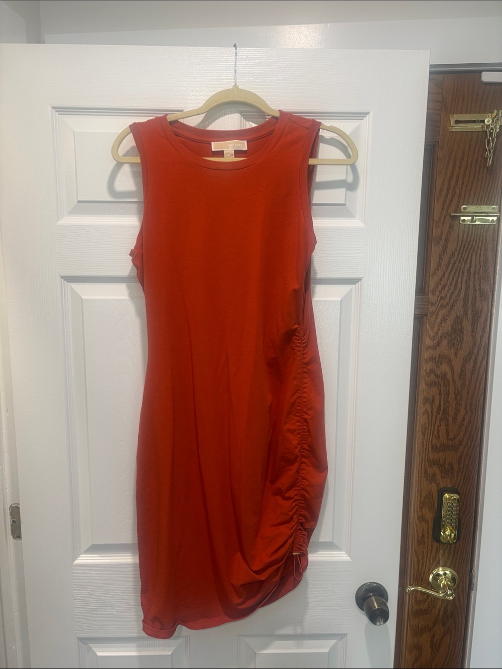 Michael Kors Sleeveless Ruched Orange-Red Midi Dress
